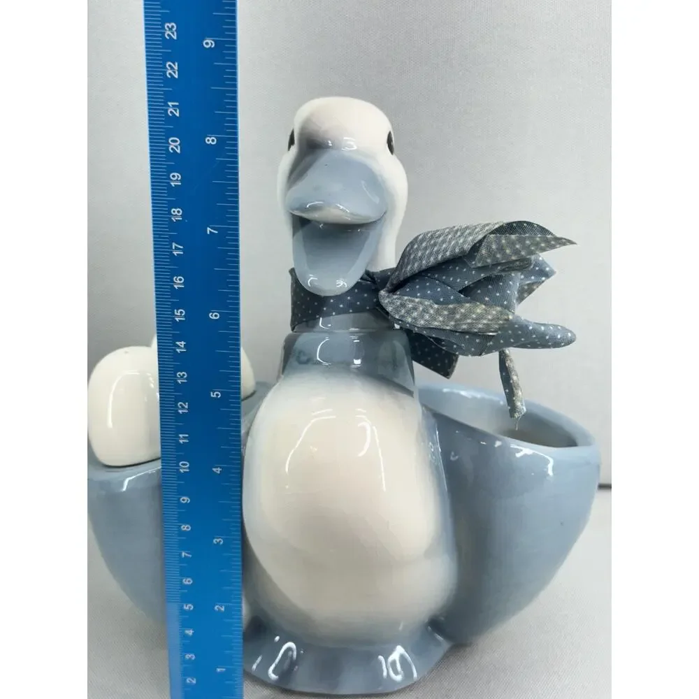 Vintage Ceramic Duck Napkin Holder Egg Salt Pepper Shakers Blue White READ